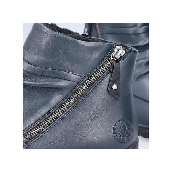 Rieker 59585-14 women's blue ruched ankle boots with twin zippers and faux leather detailing.