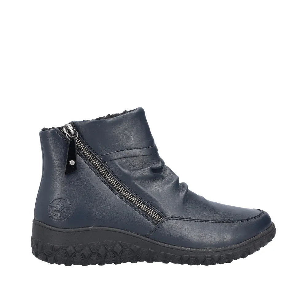 Rieker 59585-14 women's navy ankle boots with ruched design, twin zippers, and textured rubber sole.