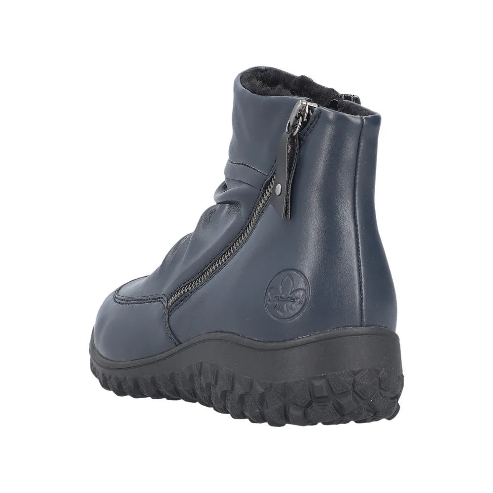 Rieker 59585-14 blue ruched women's ankle boots with twin zip closure and chunky traction sole.