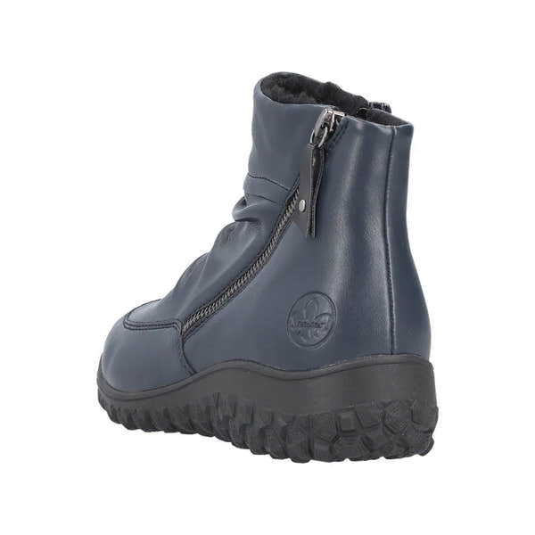 Rieker 59585-14 blue ruched women's ankle boots with twin zip closure and chunky traction sole.
