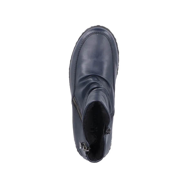 Rieker 59585-14 Blue Ruched Ladies Ankle Boots with Twin Zippers and Round Toe.