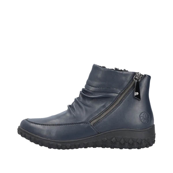 Rieker 59585-14 women's blue ankle boots with ruched design, twin side zippers, black rubber sole, and faux shearling lining.