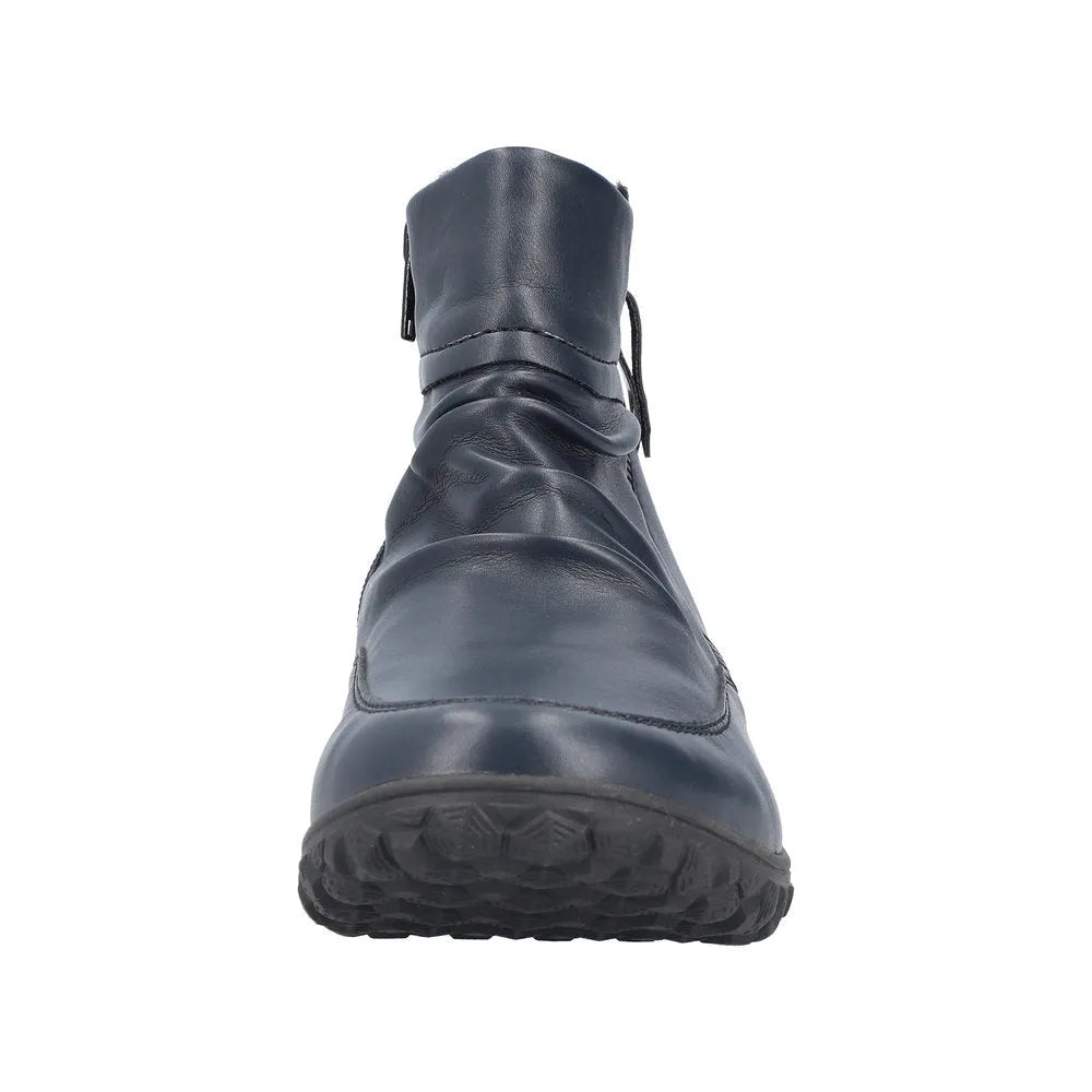 Rieker 59585-14 women's blue ankle boots with ruched design, twin zippers, and low rubber sole.
