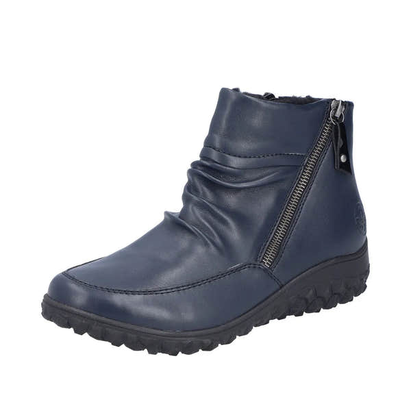 Rieker 59585-14 blue ankle boots with ruching and twin zippers, slip-on design, and rugged rubber sole for women.