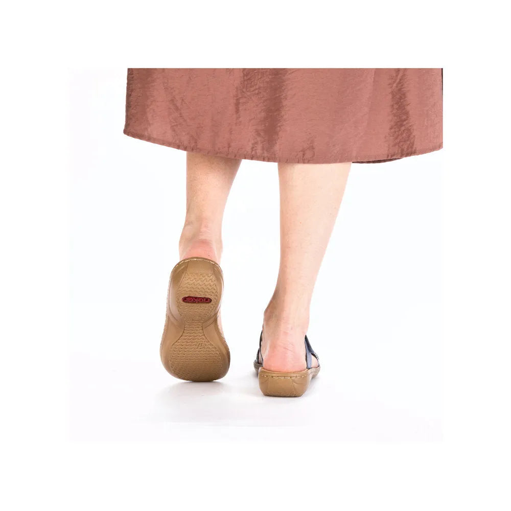 Rieker 608K2-12 ladies blue touch fastening mules, back view showing sole and adjustable straps.
