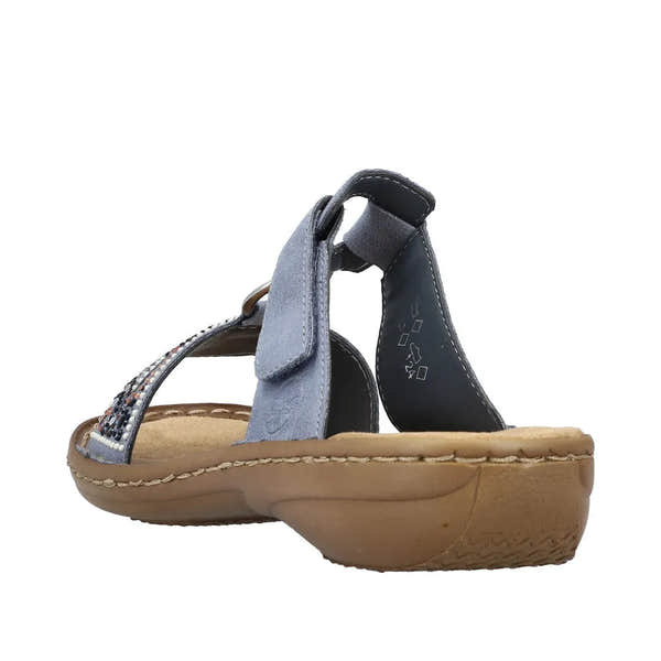 Rieker 608K2-12 ladies blue touch fastening mule sandals with decorative bead accents and cushioned sole.