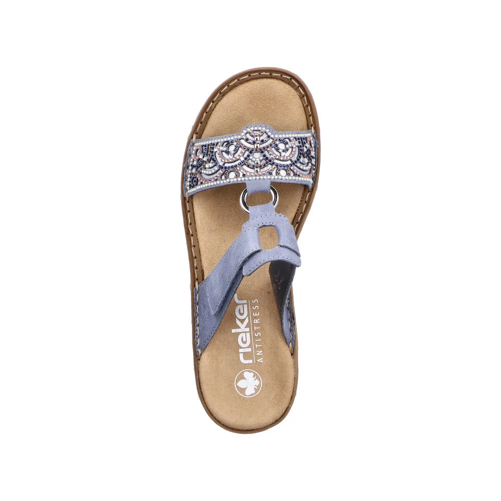 Rieker 608K2-12 women's blue touch fastening mule sandals with embellished strap and cushioned insole.