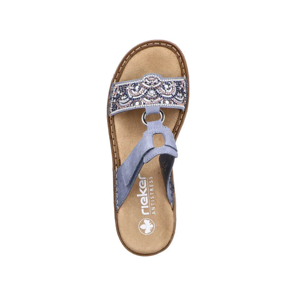 Rieker 608K2-12 women's blue touch fastening mule sandals with embellished strap and cushioned insole.
