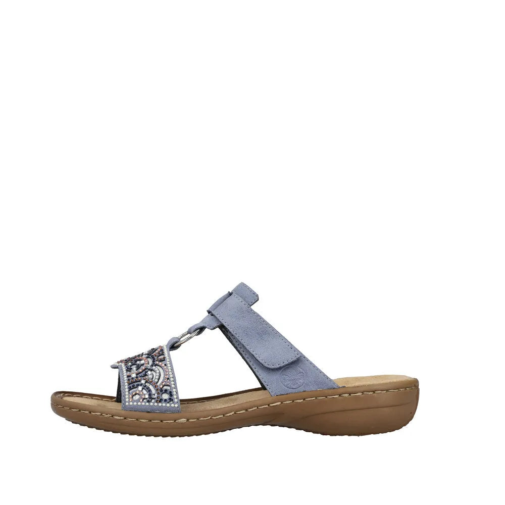 Rieker 608K2-12 ladies blue touch fastening woven sandal with decorative embellishments and comfortable sole.
