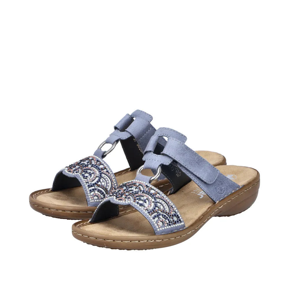 Rieker 608K2-12 women's blue touch fastening romantic beaded sandals with cushioned footbed and low heel.