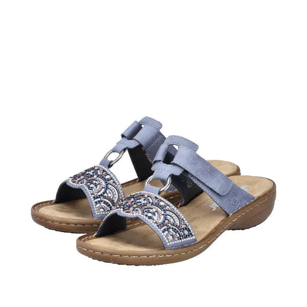 Rieker 608K2-12 women's blue touch fastening romantic beaded sandals with cushioned footbed and low heel.