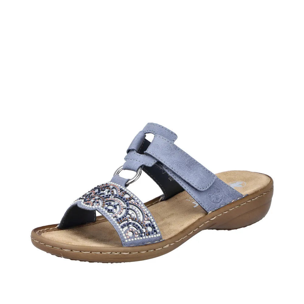 Rieker 608K2-12 Ladies Blue Touch Fastening Mules with embellished toe detailing and cushioned sole.