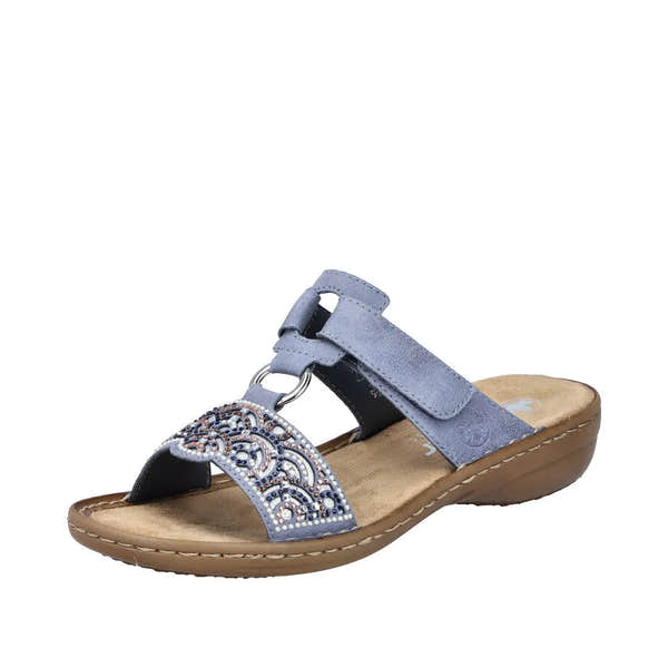 Rieker 608K2-12 Ladies Blue Touch Fastening Mules with embellished toe detailing and cushioned sole.