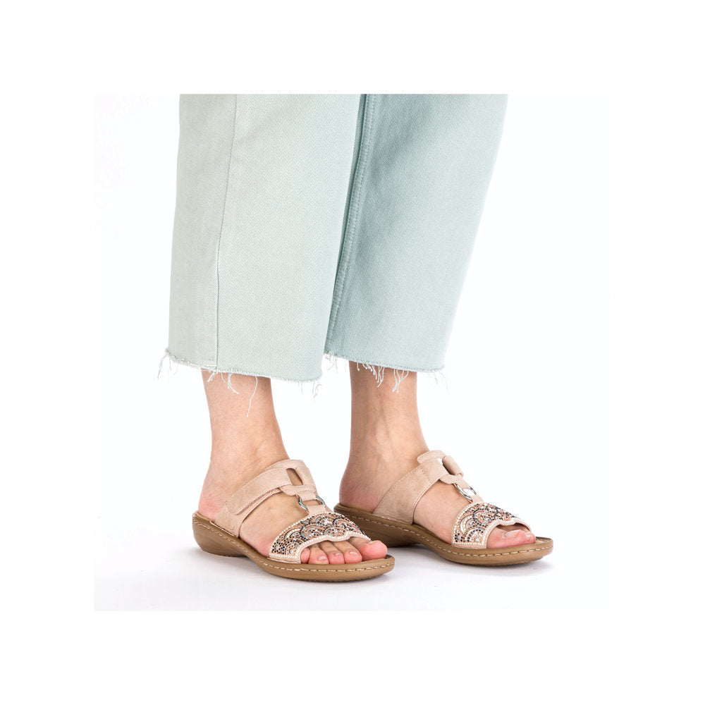 Rieker 608K2-31 women's brown touch fastening mule sandals with decorative embellishments on straps.