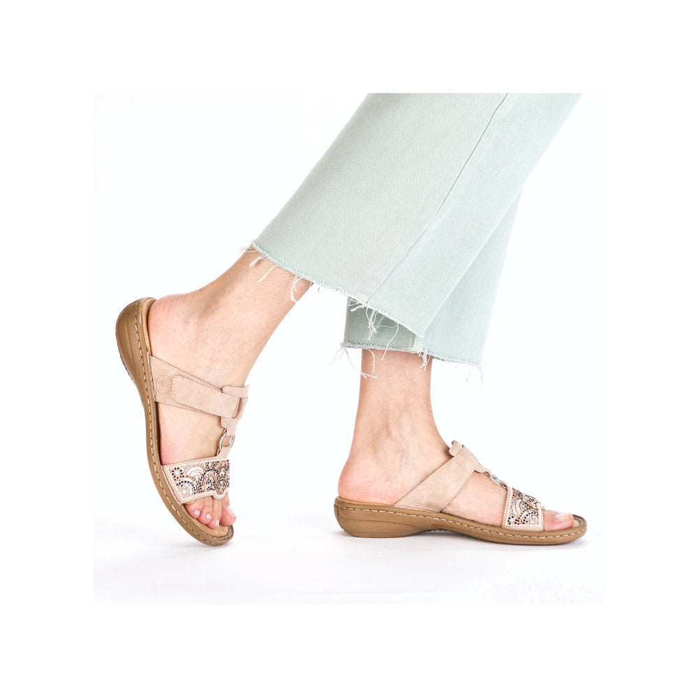 Rieker 608K2-31 women's brown touch fastening mules with embellished straps and flat sole, stylish and comfortable footwear.