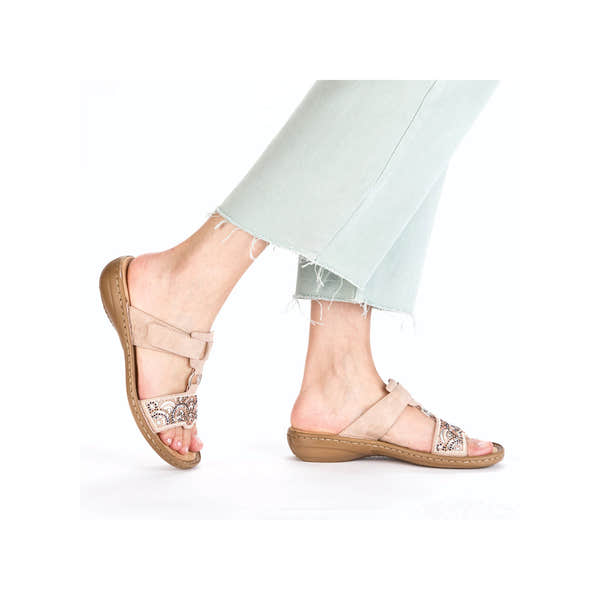 Rieker 608K2-31 women's brown touch fastening mules with embellished straps and flat sole, stylish and comfortable footwear.