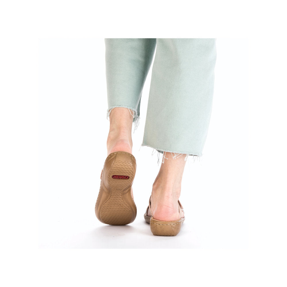 Rieker 608K2-31 ladies brown touch fastening mules, rear view showing sole and ankle strap, casual slip-on shoes for women.
