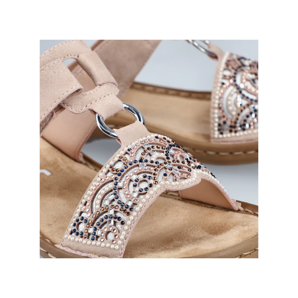Rieker 608K2-31 women's brown touch fastening mules with embellished, intricate bead and sequin design on strap.