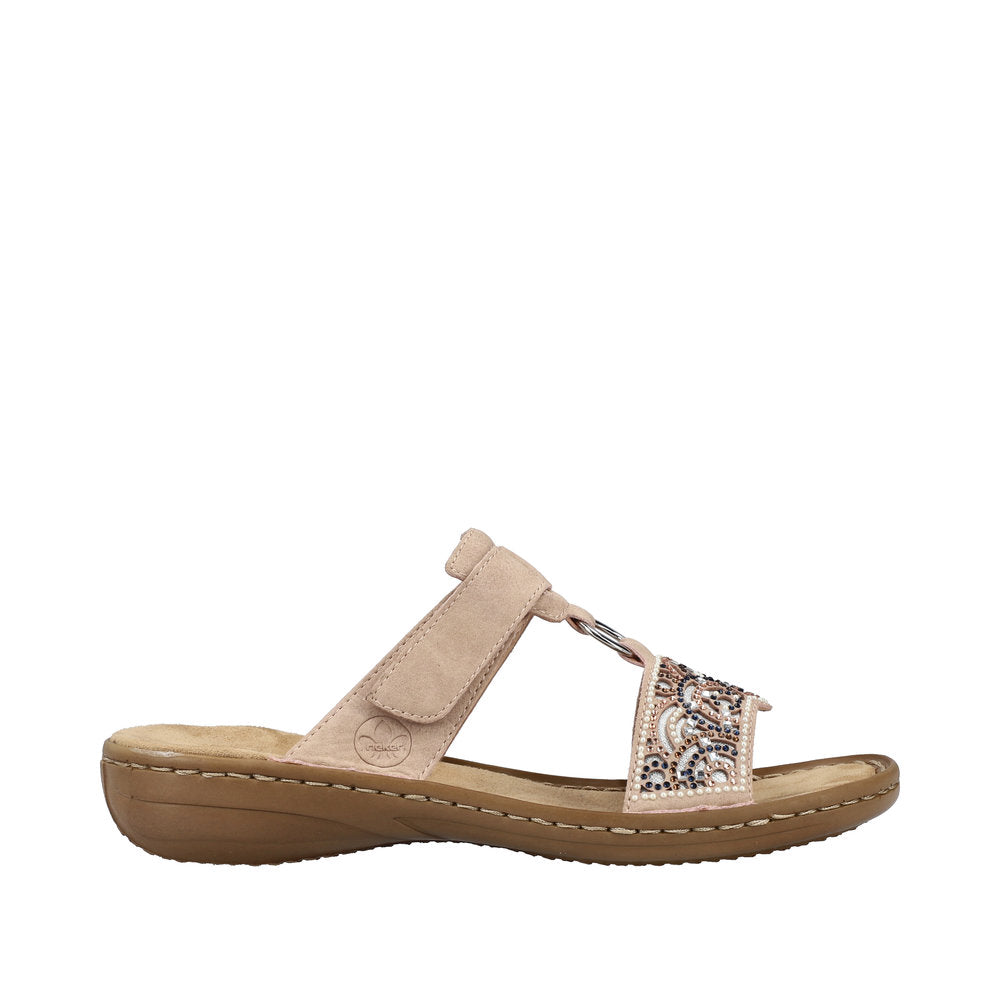 Rieker 608K2-31 ladies brown touch fastening mule sandals with embroidered strap and cushioned sole.