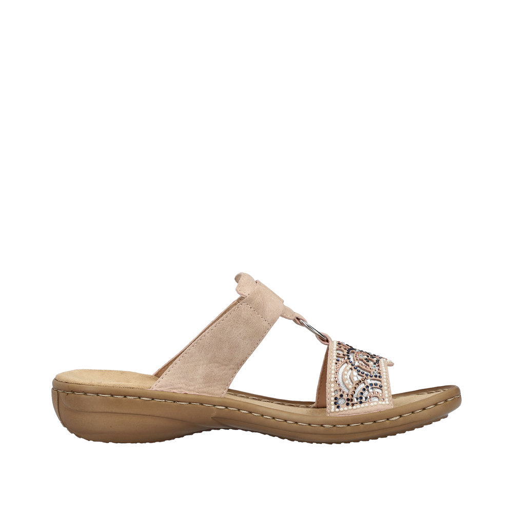 Rieker 608K2-31 women's brown touch fastening mule sandals with decorative beadwork and cushioned sole.
