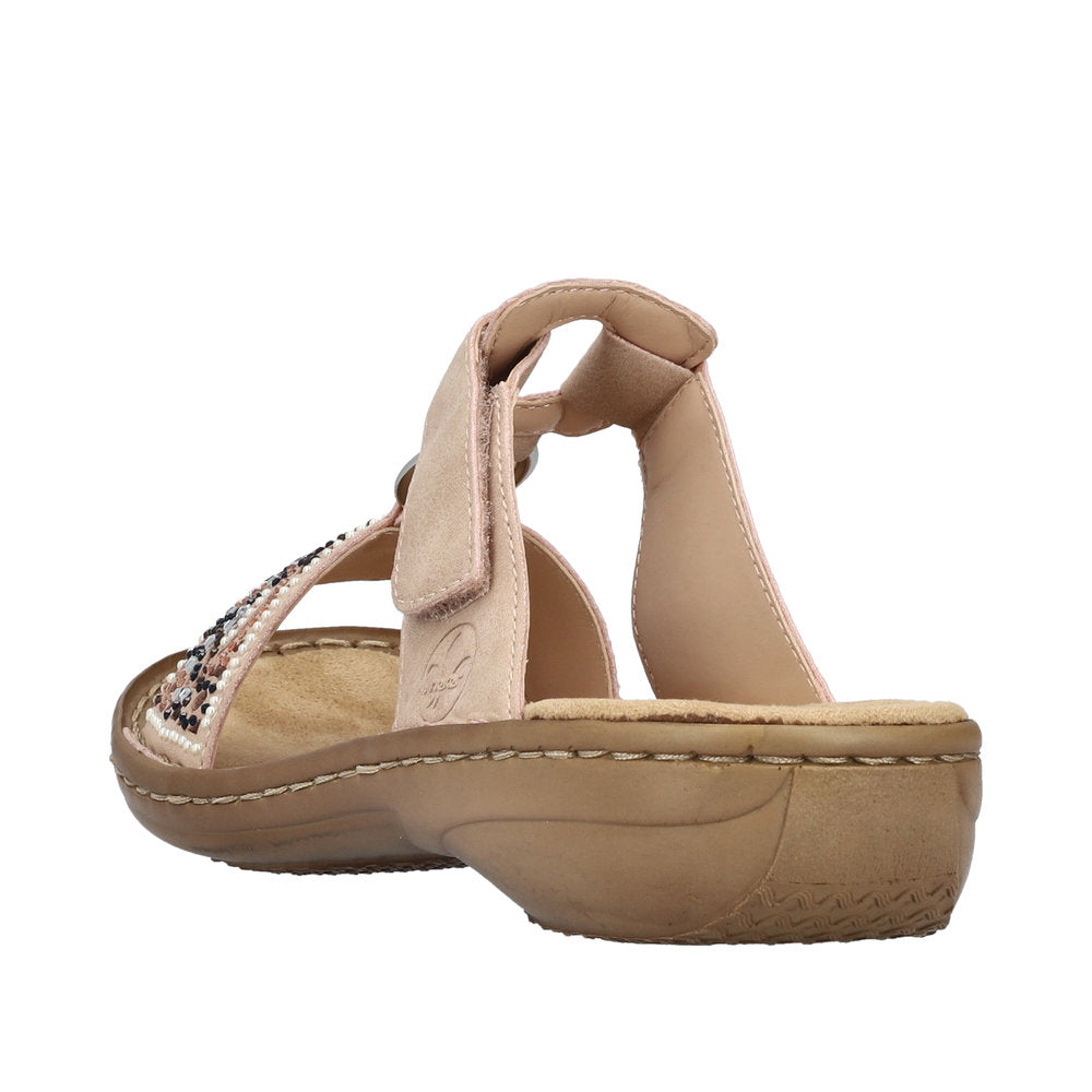 Rieker 608K2-31 women's brown touch fastening mule sandals with decorative beaded strap and cushioned insole.