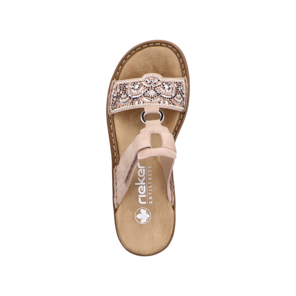 Rieker 608K2-31 women's brown touch fastening mule sandals with embroidered strap and cushioned insole.
