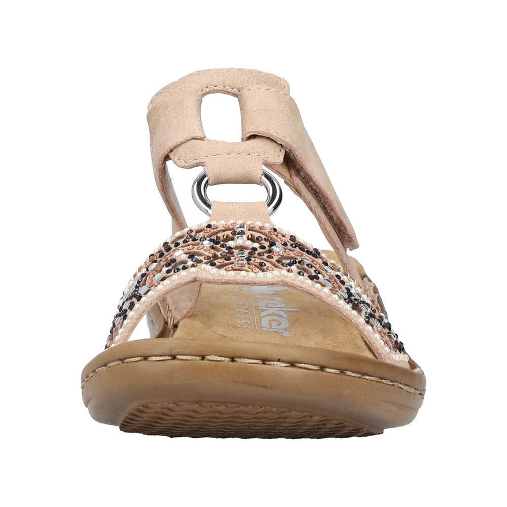 Rieker 608K2-31 women's brown touch fastening slip-on mule with embellished strap and open toe.