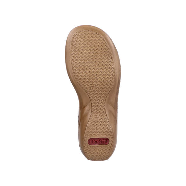 Rieker 608K2-31 women's brown touch fastening mule with textured sole and slip-on design.