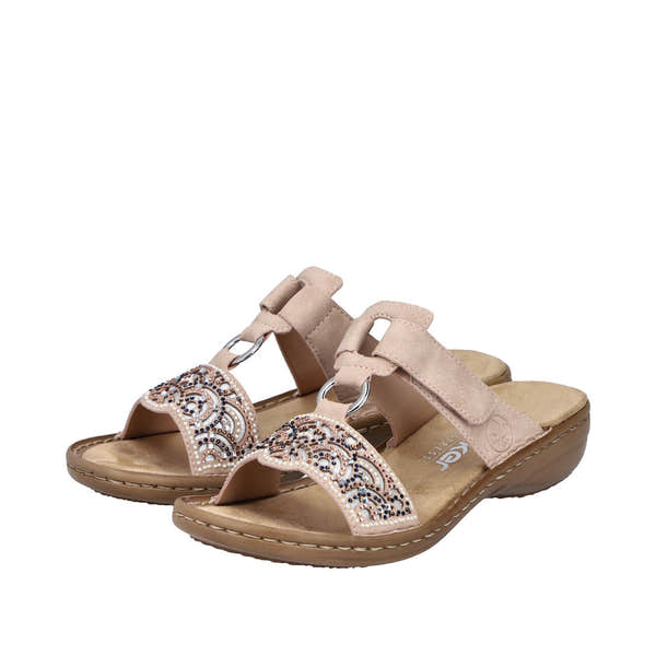 Rieker 608K2-31 women's brown touch fastening mules with embellished detailed straps and comfortable open-toe design.