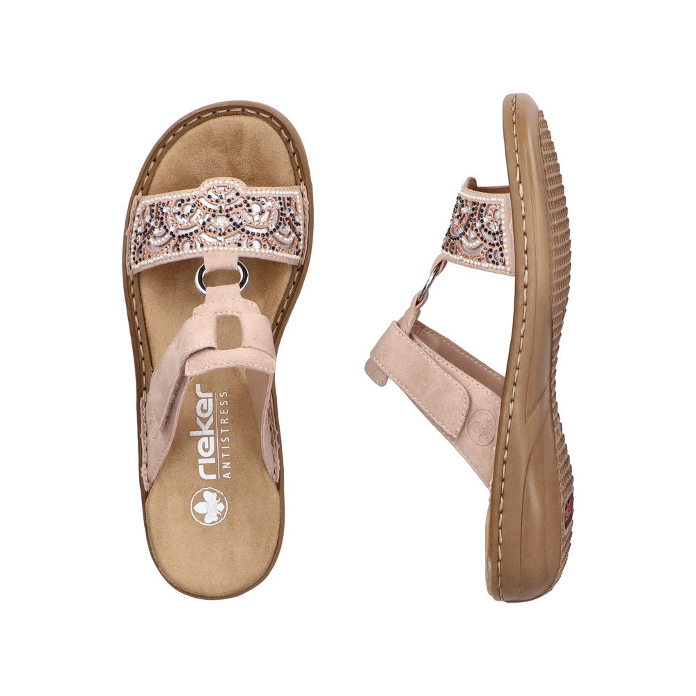 Rieker 608K2-31 women's brown touch fastening mules with embellished strap, cushioned footbed, and durable outsole.