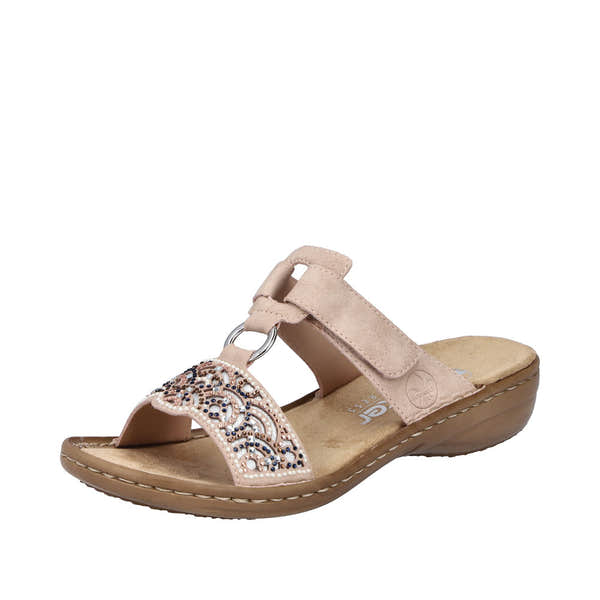 Rieker 608K2-31 women's brown touch fastening mules with embellished toe strap and comfortable wedge sole.