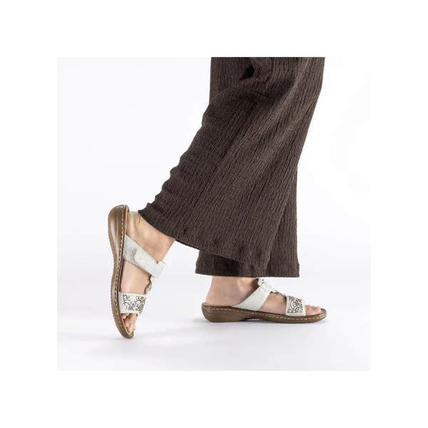 Rieker 608K2-40 women's silver touch fastening mules with embroidered detail, casual slip-on footwear.