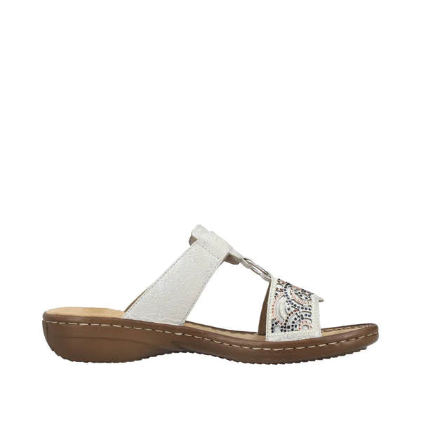 Rieker 608K2-40 women's silver touch fastening sandals with decorative front, cushioned insole, and slip-on design.
