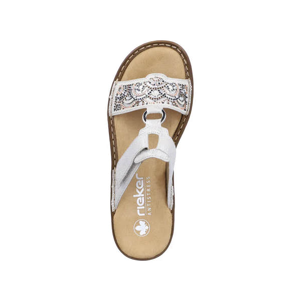 Rieker 608K2-40 women's silver touch fastening mule sandal with embellished strap and cushioned insole.