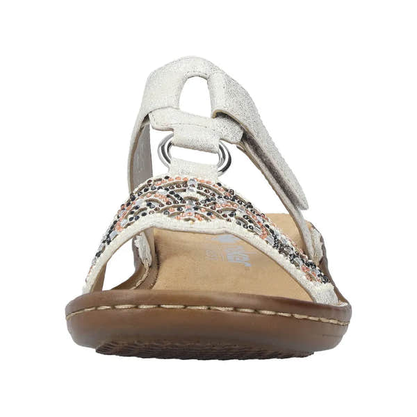 Rieker 608K2-40 women's silver touch fastening mule sandals with embellished straps and cushioned footbed.