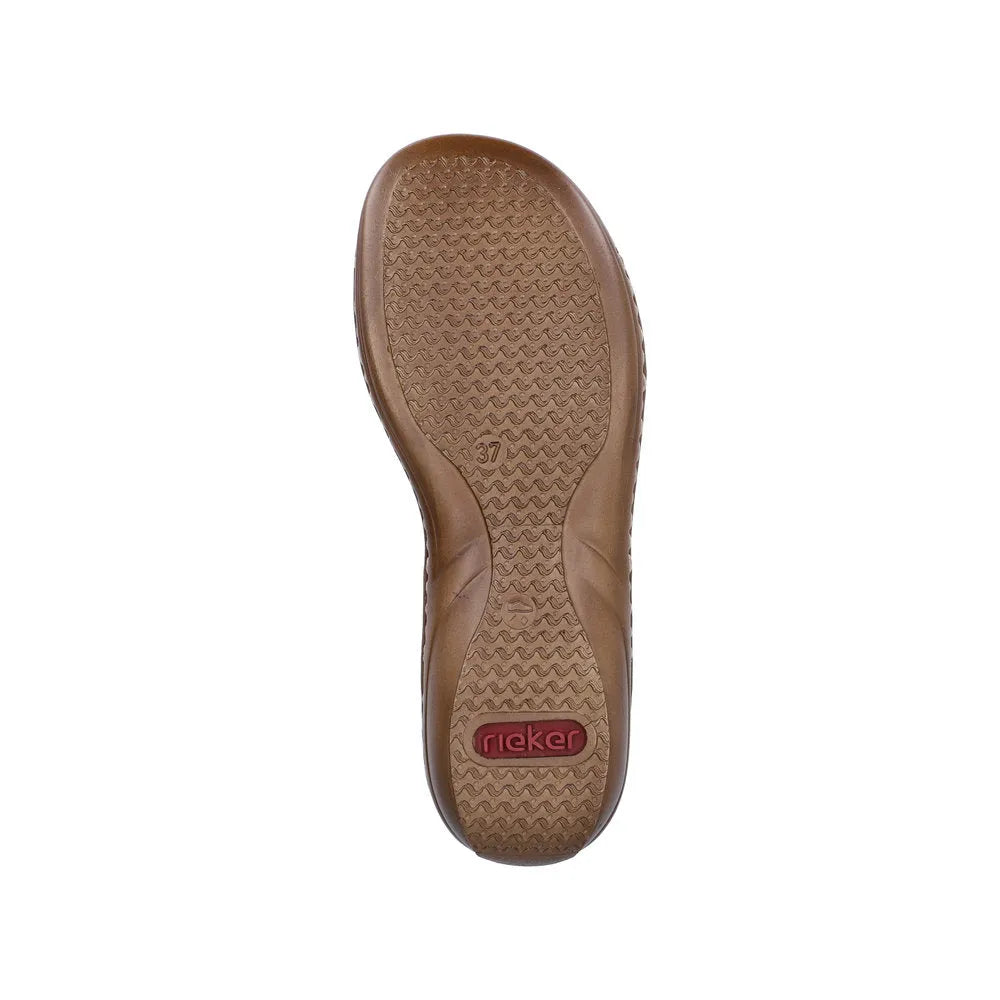 Rieker 608K2-40 women's silver touch fastening mule, slip-on design with textured sole and red logo detail.