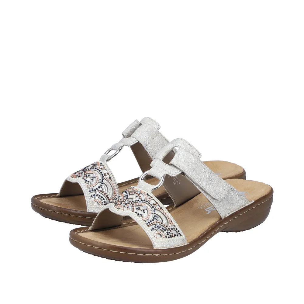 Rieker 608K2-40 ladies silver touch fastening mule sandals with beaded embellishments and cushioned footbed.