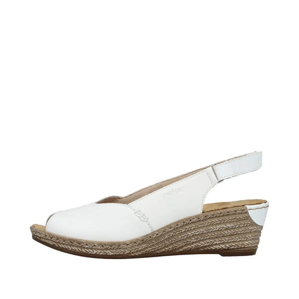 Rieker 62462-80 women's white slingback wedge sandals with peep toe and braided espadrille sole.
