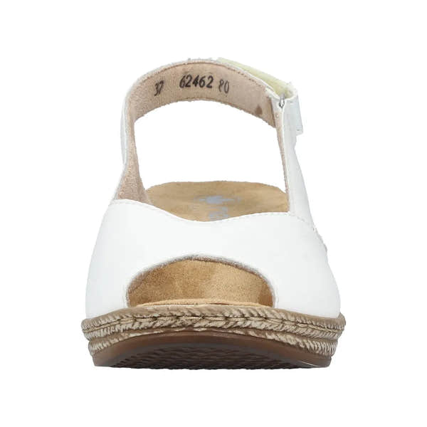 Rieker 62462-80 women's white slingback shoes with open toe, beige insole, and low heel, ideal for casual summer wear.