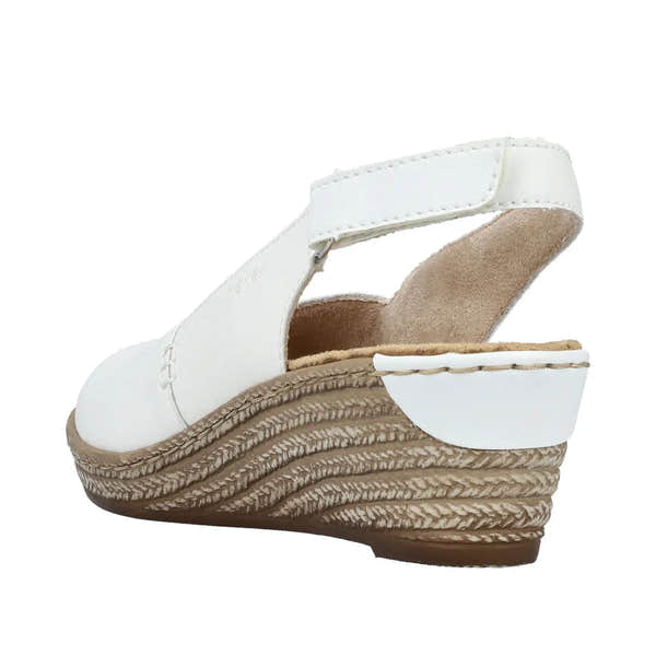 Rieker 62462-80 women's white sling back wedge sandals with layered crepe sole.