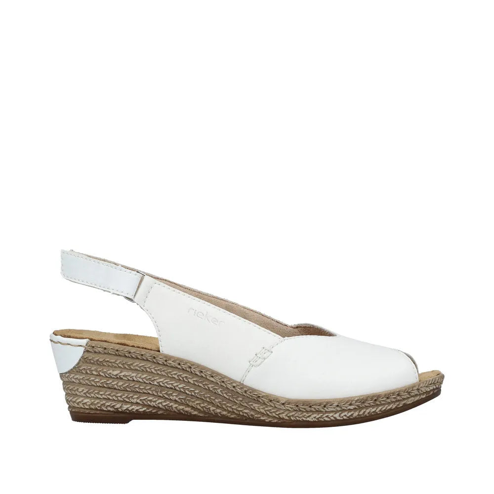 Rieker 62462-80 women's white slingback shoes with wedge heel and woven espadrille platform, slip-on design, comfortable and stylish.