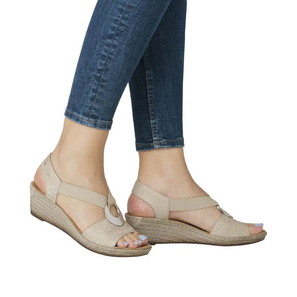 Rieker 624H6-93 women's brown elasticated wedge sandals with open toe and ankle strap, casual summer footwear.