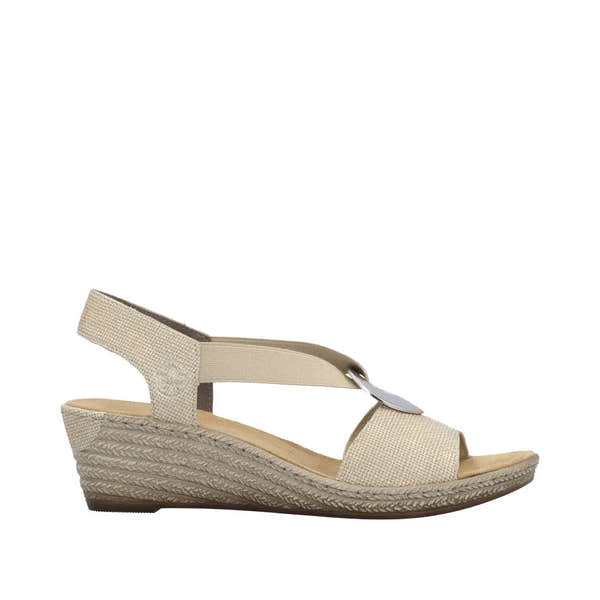 Rieker 624H6-93 women's brown elasticated wedge sandals with ankle strap and cushioned insole.