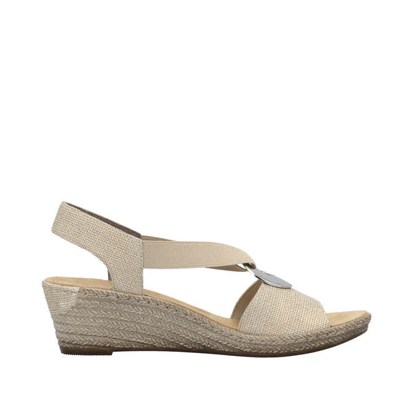 Rieker 624H6-93 women's brown elasticated wedge sandals with open toe and ankle strap, cushioned footbed, and textured sole.