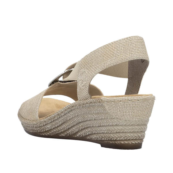 Rieker 624H6-93 women's brown elasticated wedge sandals with textured sole and adjustable strap, Comfortable summer footwear.