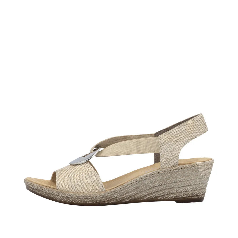 Rieker 624H6-93 women's brown elasticated wedge sandals with strappy design and cushioned footbed.