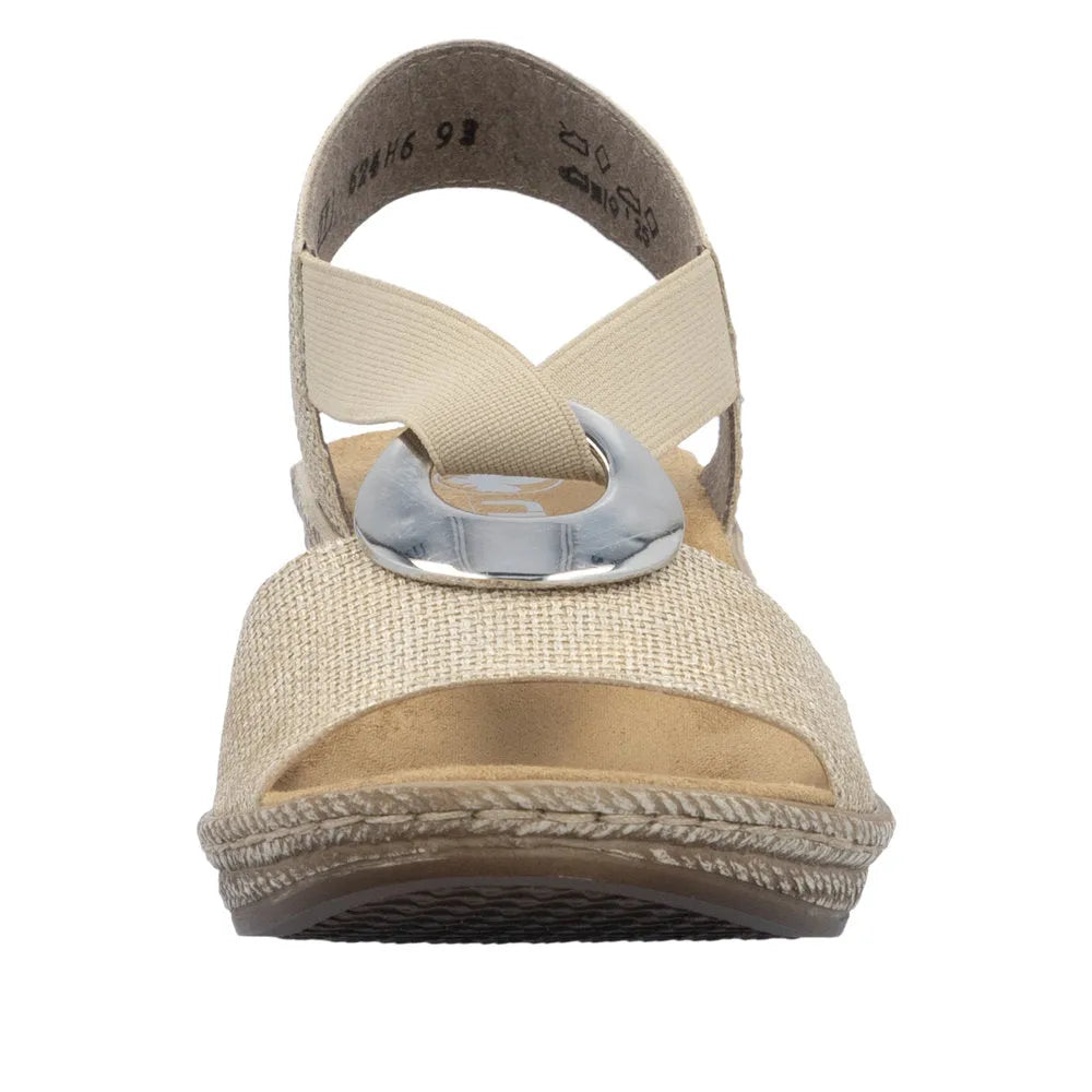 Rieker 624H6-93 women's brown elasticated sandals with metallic buckle and comfortable open-toe design.