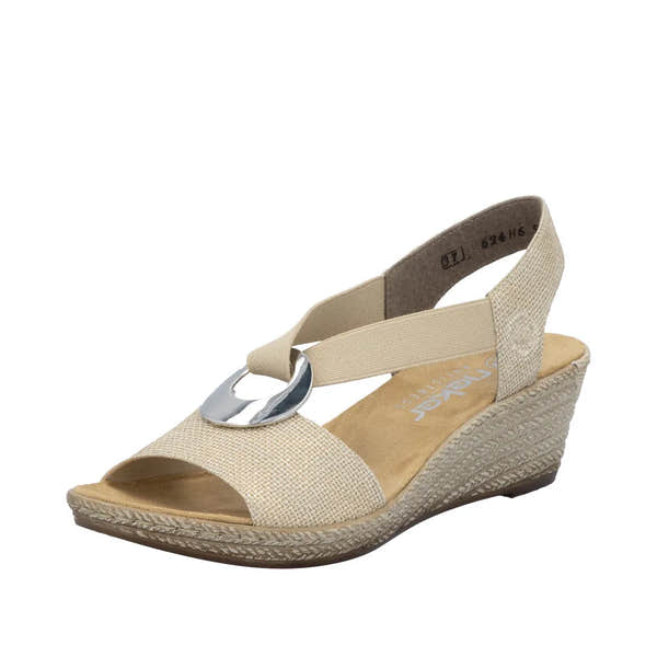 Rieker 624H6-93 women's brown wedge sandals with elastic straps and silver decorative buckle, suitable for warm weather.
