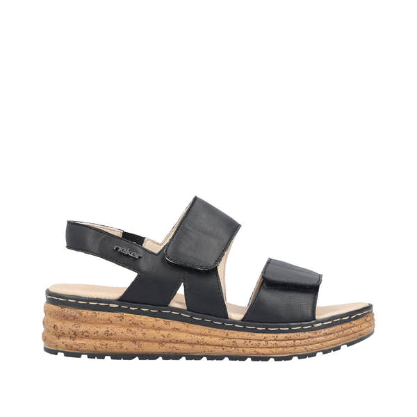 Rieker 62761-00 women's black leather touch-fastening sandals with cork sole and cushioned footbed.