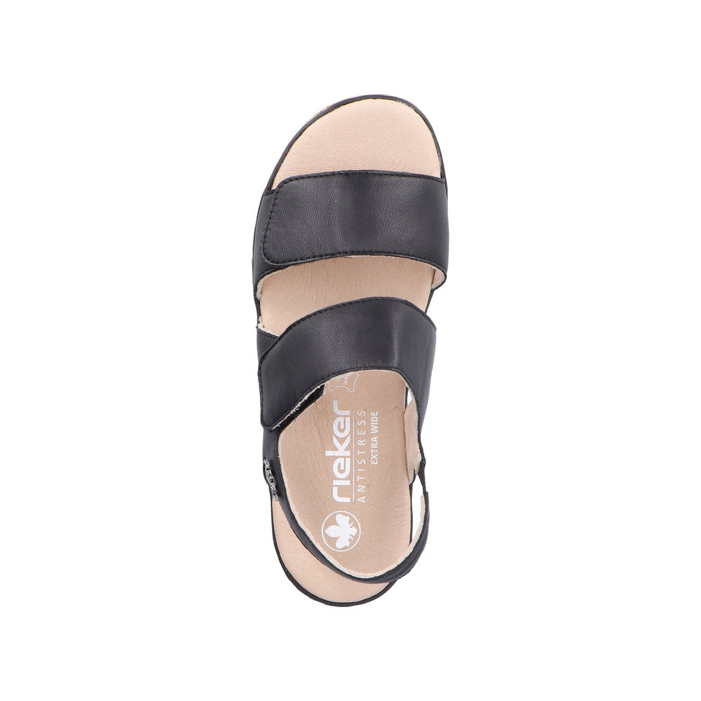 Rieker 62761-00 women's black leather touch-fastening sandals with two straps and cushioned beige insole.